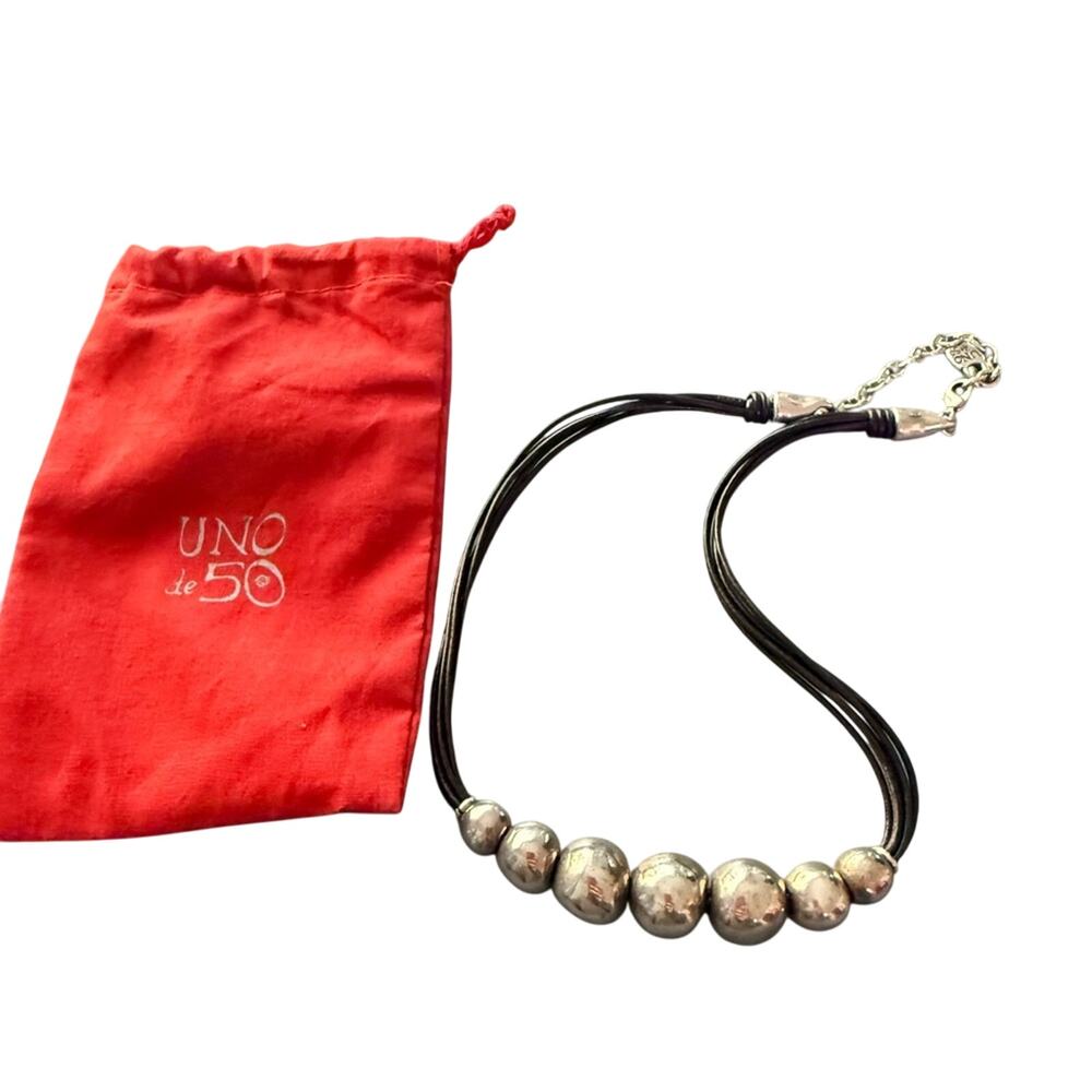 Uno de 50 Silver Ball Beads Leather Multi Strand Necklace